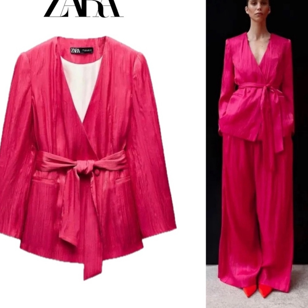 ZARA Women's Blazer Wrinkle Effect Belted Fuchsia Hot Pink
